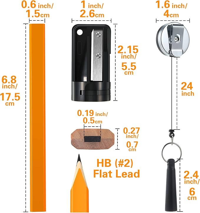 14 Pcs Carpenter Pencils, 7 Inches Flat Octagonal Hard Black Woodworking Construction Pencils Heavy Duty with Pencil Sharpener and Retractable Pencil Holder for Contractor Carpentry (Yellow)