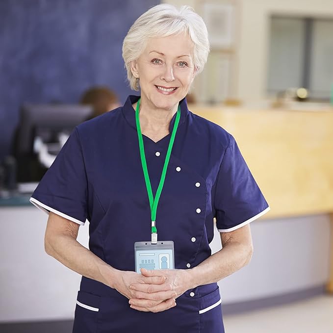 100Pcs Clear Plastic Horizontal Name Tags Badge ID Card Holders and 100Pcs Lanyards with with Clip lanyards for id Badges (Green)