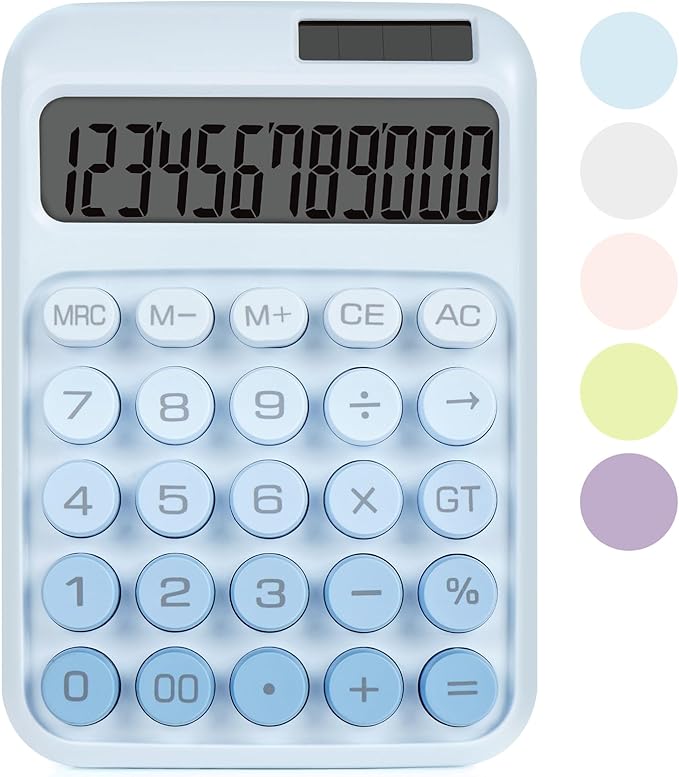 Mechanical Switch Calculator with Big Buttons, Calculators Desktop, 12 Digits, Solar Battery Power, Desk Calculator, Large LCD Display, Cute Blue Calculator for Teachers Students Basic Office
