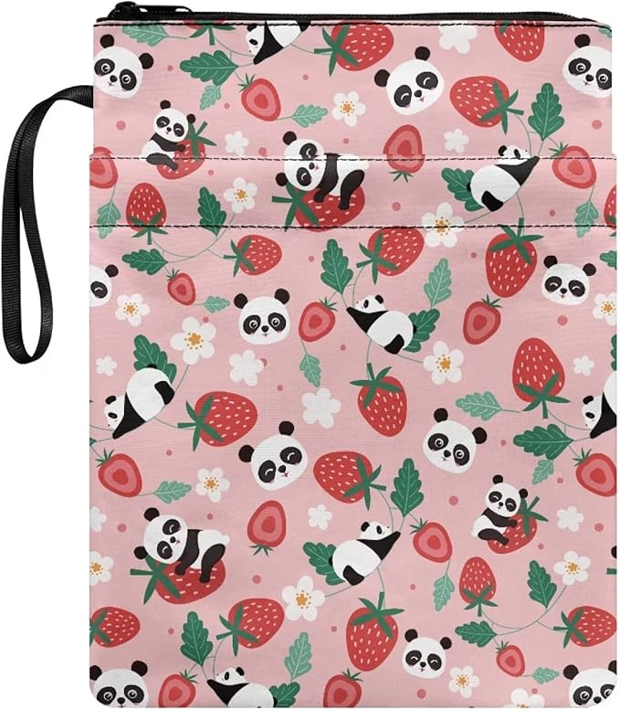 COEQINE Kawaii Book Sleeve Cover for Women Girls Back School Work Strawberry Panda Book Covers Pouch for Book Lovers Portable Book Pouch