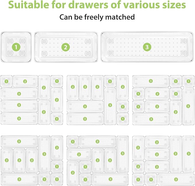 12 Piece Clear Drawer Organizer Set, 3 Sizes Bathroom Vanity Organizer Trays and Storage Bins for Makeup, Cosmetics, Jewelry, and Gadgets. Perfect for Office, Kitchen, Bedroom, Bathroom Use.