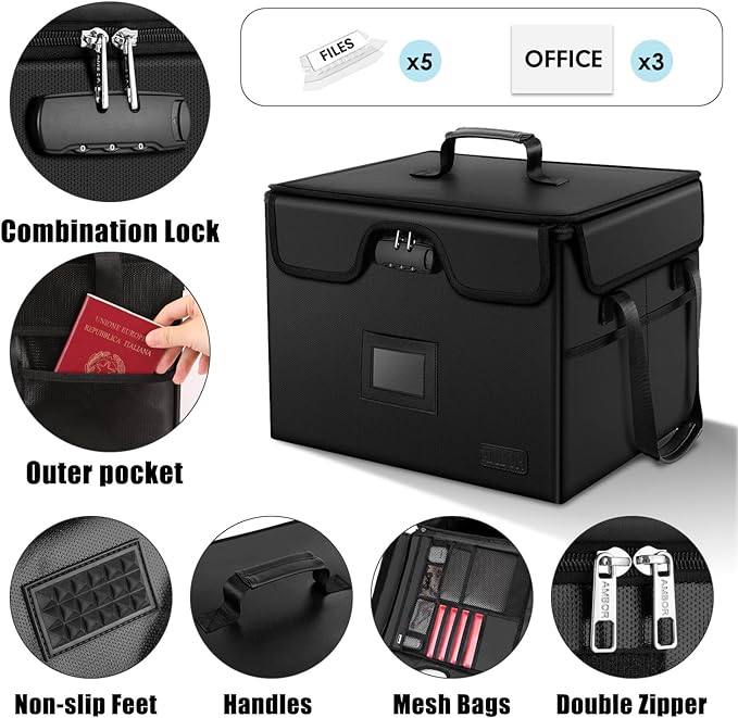 AMBOR File Box with Lock, Fireproof Document Box with 5 Tabs, Collapsible File Organizer with Handle for Home Office for Letter & Legal Folder/Certifications/Books Storage, Black