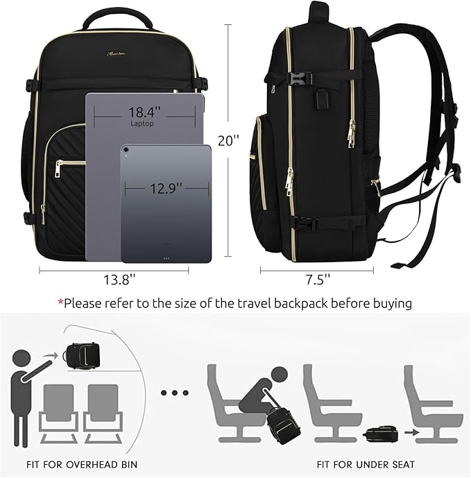 Travel Backpack for Women, Carry On Backpack for Airplanes Flight Approved, Waterproof Large Weekender Overnight Bag Fit 18.4 Inch Laptop with USB Charging Port, Black