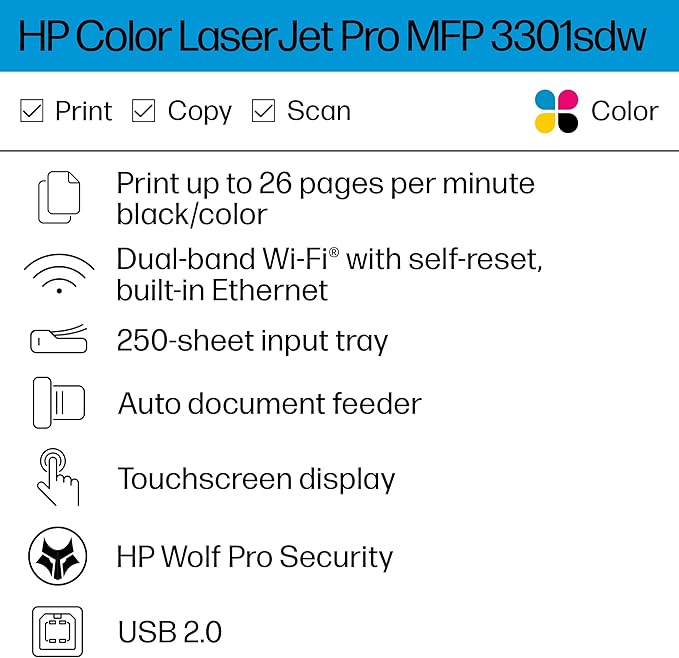 HP Color Laserjet Pro MFP 3301sdw Wireless All-in-One Color Laser Printer, Scanner, Copier, Best-for-Office (499Q3F)
