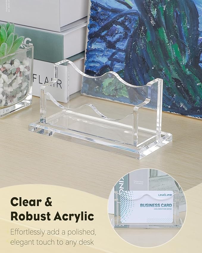 Uniclife Acrylic Business Card Holder for Desk 1 Slot Clear Horizontal Business Card Display Stand for Men and Women Desktop Name Card Organizer Card Stand for Office Home Exhibition, 60 Card Capacity
