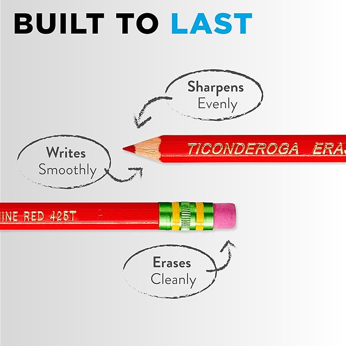 TICONDEROGA Erasable Checking Pencils, Pre-Sharpened with Eraser, Red, Pack of 2 (13901)