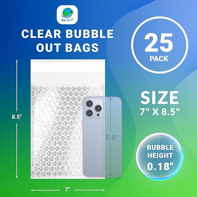 Clear Bubble Out Bags, 7 x 8.5 Inches. 25 Pack Self Seal Bubble Pouches. Polyethylene Clear Bubble Bags for Packing. Waterproof Clear Bubble Out Pouches for Fragile Things