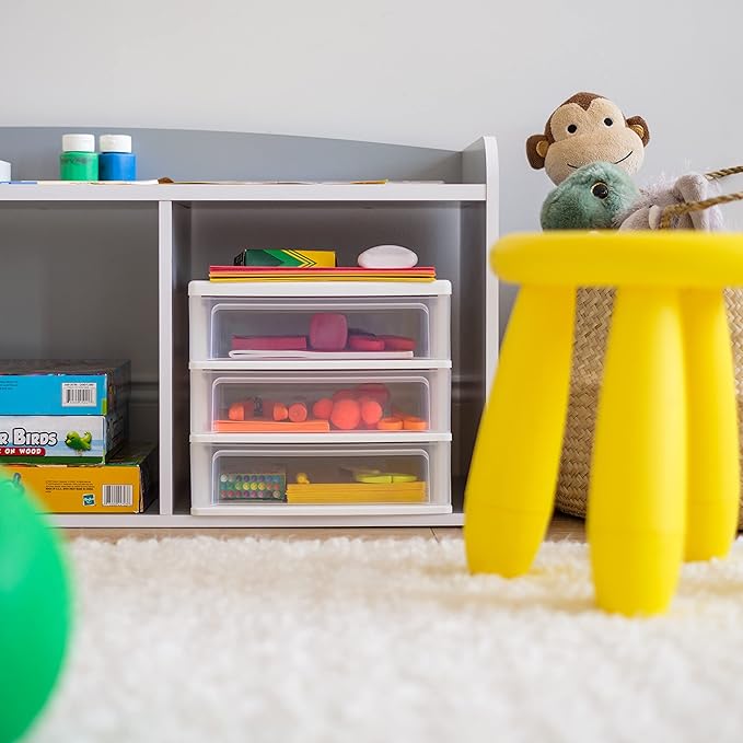 IRIS USA Plastic Stacking Desk Top 3-Drawer Storage Organizer, 1-Pack, for Makep Vanity Nail Polish Bathroom Stationery Art Craft Supplies Kitchen Office Garage and Small Organization, Medium, White