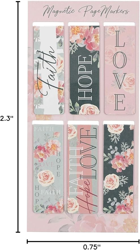 Christian Art Gifts Magnetic Scripture Bookmark Set for Men and Women: Faith, Hope, Love - 1 Corinthians 13:13 Inspirational Pink Rose Themed Magnetic Pagemarkers Set of 6 for Bibles, Size 2.3" x 0.8"