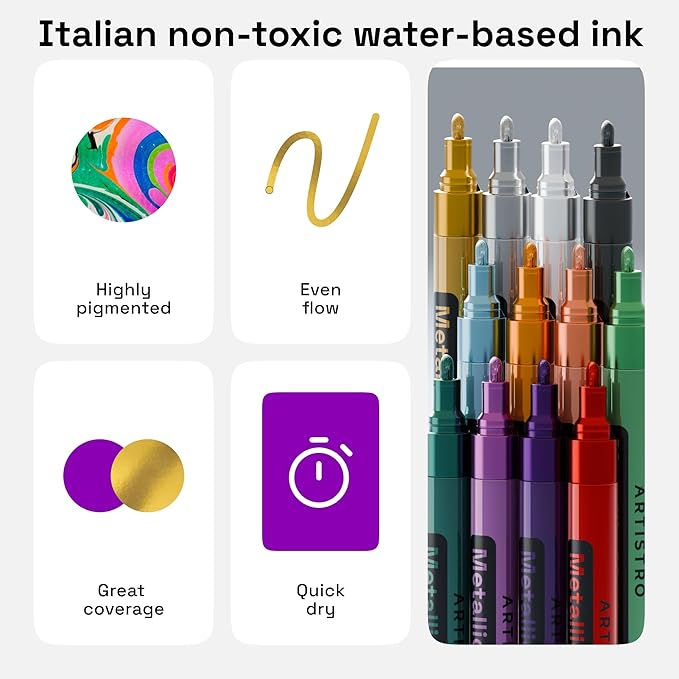 ARTISTRO 12 Metallic Paint Pens for Rock Painting, Stone, Ceramic, Glass, Wood, Fabric, Pebbles, Scrapbook Journals, Photo Albums, Card Stocks, Acrylic Paint Markers Medium Tip 3.0mm