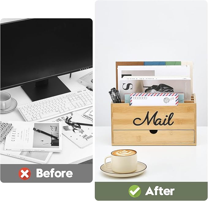Qozary Mail Organizer Countertop - Adjustable Compartment Mail Letter Holder with Drawer, Bamboo Mail Sorter for Desk, Desktop File Organizer Holder, Desk Accessories Organizer for Home Office