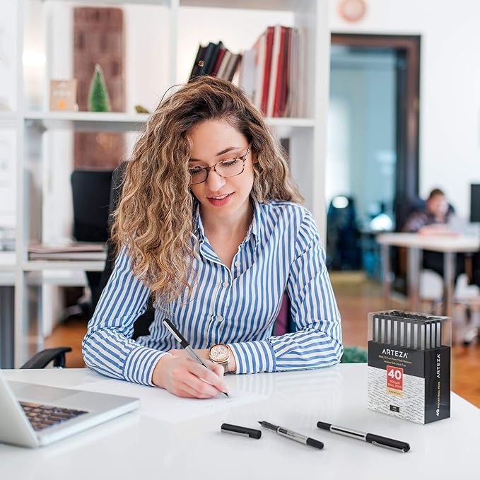 ARTEZA Rollerball Pens, Pack of 40, 0.7mm Black Liquid Ink Pens for Bullet Journaling, Fine Point Rollerball