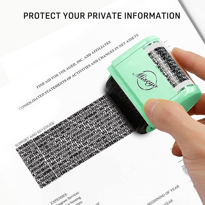 Miseyo Wide Identity Theft Protection Roller Stamp Set - Mint Green (3 Refill Ink Included)