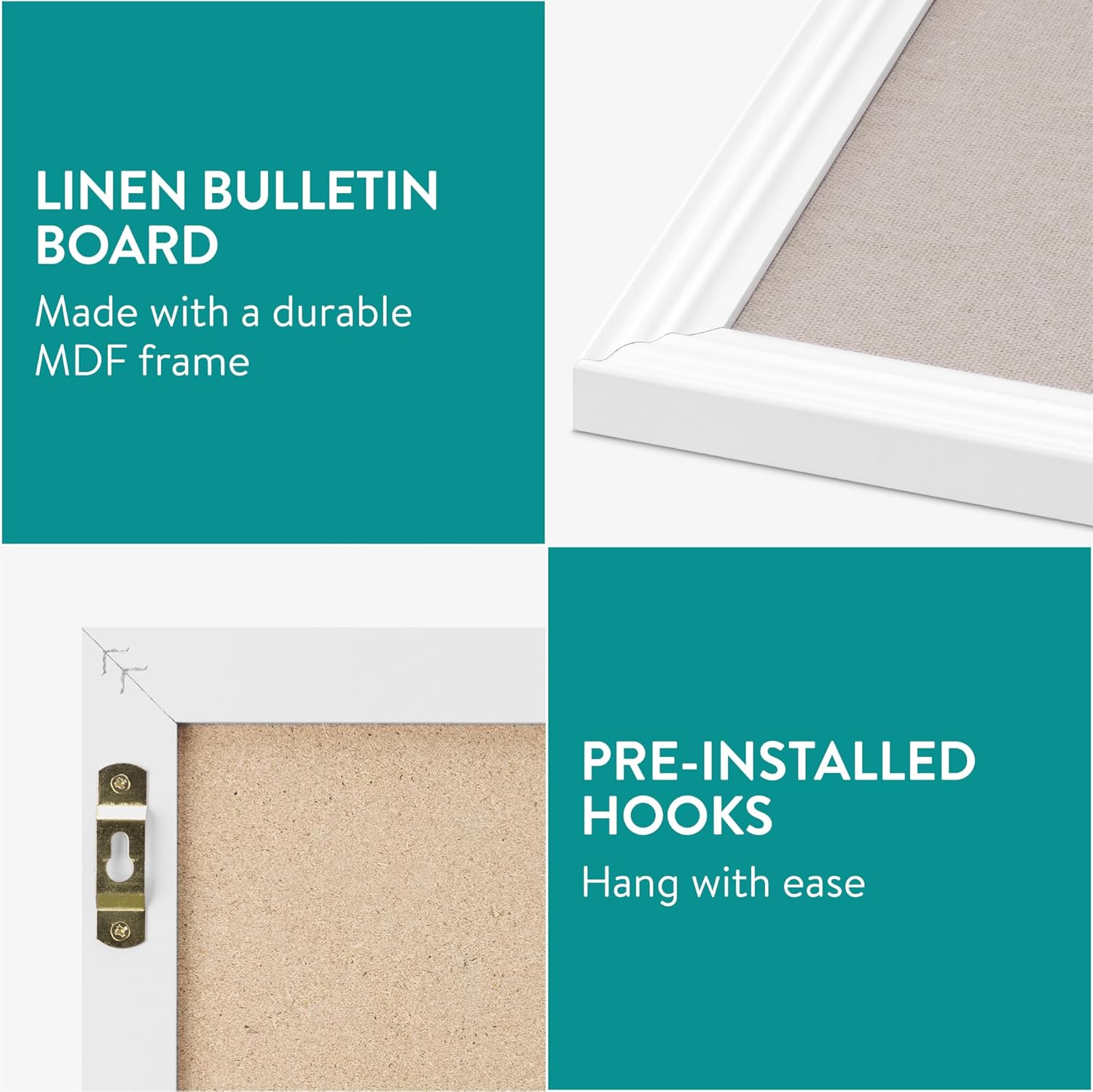 Navaris Framed Linen Bulletin Board - Approx. 58 x 43cm Fabric Jewelry Organizer Pinboard for Wall Memory Memo Pin Board - Natural Linen with White Frame