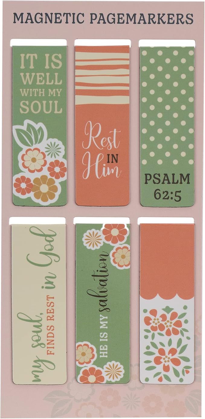 Christian Art Gifts Magnetic Scripture Bookmark/Pagemarker Set for Women: It is Well with My Soul - Set of 6, Inspirational Scripture for Bibles, Fridges & Books, Multicolor Teal & Pink Floral, Small