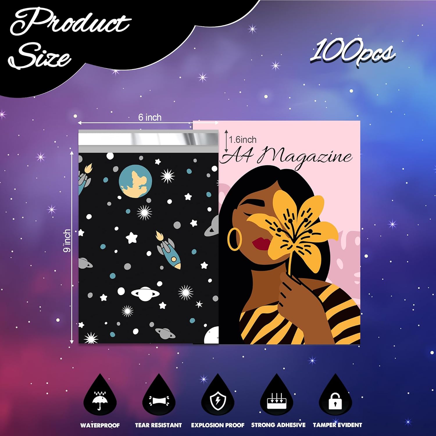 Planets Poly Mailer 6x9 Inch 100 Pcs, Waterproof Shipping Bags for Clothing, Tear-Resistant Mailier Bags, Strong Mailing Bags with Self-Seal