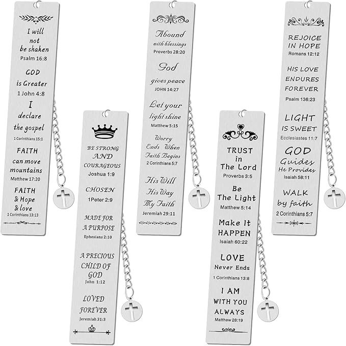 5 Pcs Christian Gifts for Women Metal Religious Bible Verse Bookmark Gifts for Friend Inspirational Christian Bookmarks with Church Cross Chain Scripture Bookmarks for Men Bulk Gift(Silver)