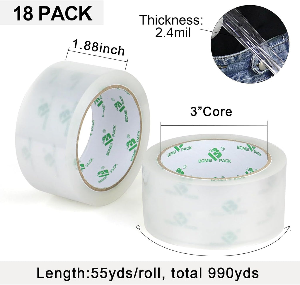 BOMEI PACK Clear Silent Packing Tape 18 Rolls, NO Noise Quiet Tape Refill Rolls for Shipping, Moving and Packaging, 2.4Mil 1.88Inch 55Yards