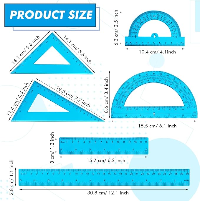 Tenare 6 Pcs Plastic Ruler Math Set Includes 12 Inch 6 Inch Straight Ruler Protractor Triangle Rulers Geometry Transparent Math Ruler Measuring Tools for School Office Home(Blue)