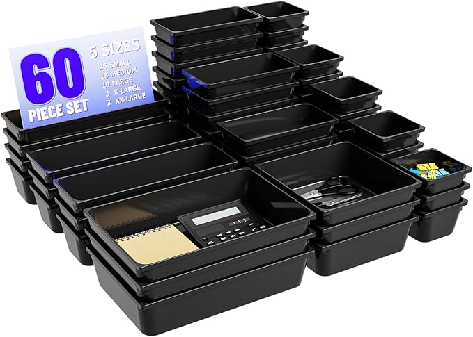 60 Pcs Plastic Drawer Organizer Set,5 Size Small Storage Containers for Organizing Jewelry,Utensil,Junk,Tea,Makeup,Shallow Drawer Organizers Tray Suitable for Office,Desk,Bathroom,Vanity,Kitchen,Black