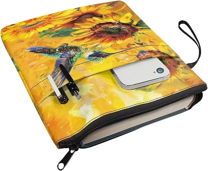 COEQINE Sunflower Birds Book Covers for Women Men Portable Washable Book Sleeves for Book Lover Back of School Large Capacity Yellow Cute Animal Book Pouch