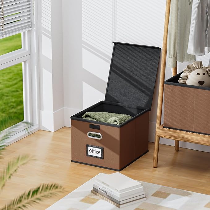 Huolewa Upgraded File Organizer Boxes with Lids, Collapsible Faux Leather Hanging File Folder Box Organizer with Plastic Slide, Decorative Home/Office Filing System Boxes for File and Folders Storage