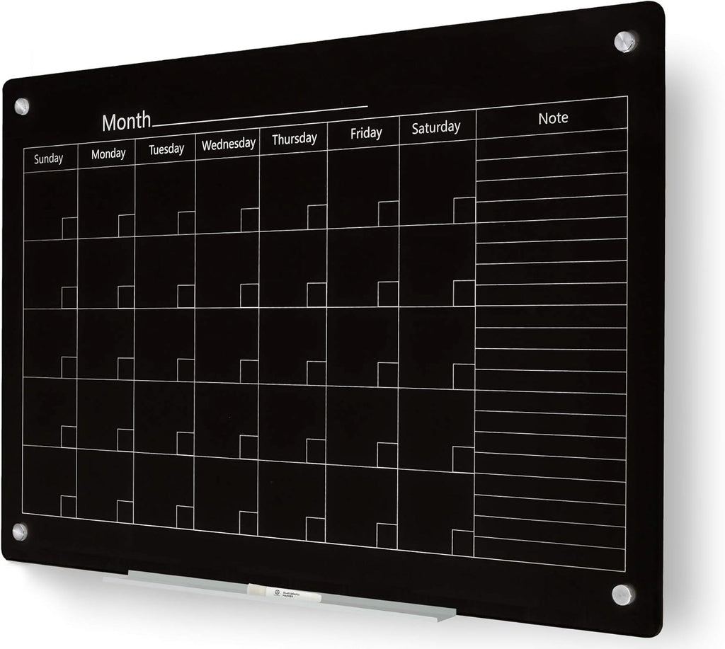 J&J worldwide Magnetic Whiteboard Calendar, 47 x 35 Black Glass Wall Calendar Dry Erase Board Monthly Planner for Home, School, Office, Frameless, with Markers, Marker Tray, Eraser, Magnets