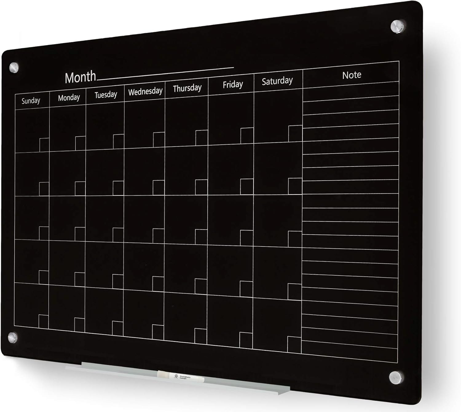 J&J worldwide Magnetic Whiteboard Calendar, 47 x 35 Black Glass Wall Calendar Dry Erase Board Monthly Planner for Home, School, Office, Frameless, with Markers, Marker Tray, Eraser, Magnets