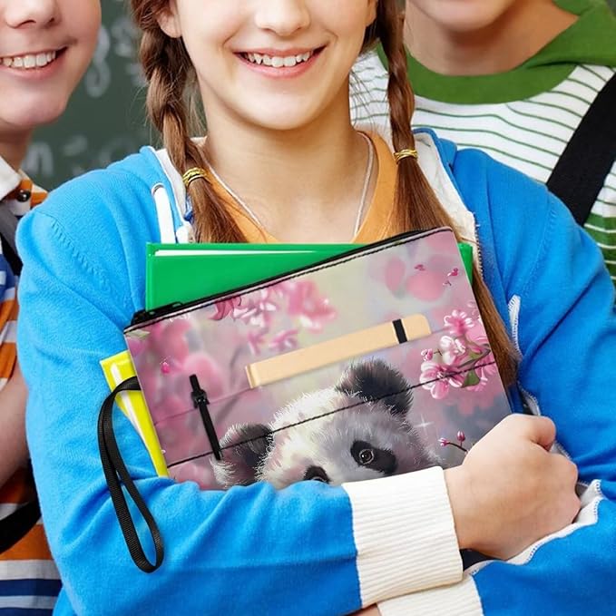 COEQINE 9"x11" Book Covers for Hardcover Cute Panda Animal Book Sleeves with Zipper Book Cover for Book Lovers Book Pouch Book Protctor Pouch Book Covers for Hardcover Washable Pink Cherry Blossom