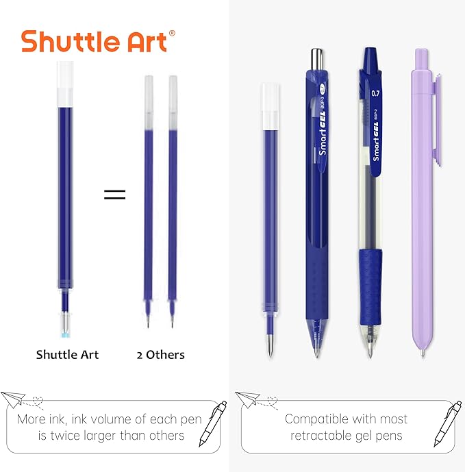 Retractable Gel Pen Refills, Shuttle Art 60 Pack Blue Rollerball Gel Ink Pens Refills, Bulk Set, 0.7mm Fine Point for Writing Journaling Taking Notes School Office Home
