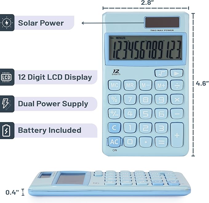 Mr. Pen- Standard Function Calculator, 12 Digits, Small Calculator, Light Blue Solar Calculator, Pocket Calculator, Simple Calculator, Basic Office Calculators, Solar Handheld Calculator