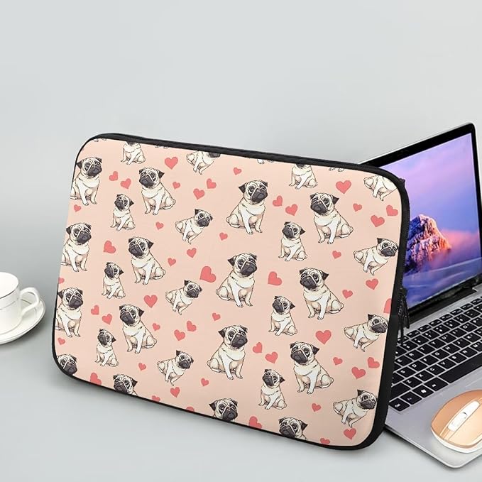 Pug Dog Printed Computer Bags for Laptops for Women, Heart Pattern Computer Carrying Cover Laptop Briefcase, 10 Inch Water Resistant Laptop Case Portable Computer Case Bag