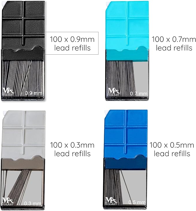 Mozart Essential Set of Lead Refills - 4 Sizes: 0.3, 0.5, 0.7 & 0.9 mm with 100 HB Lead Refills for Each - for Sketch, Architecture, Drafting, Art, Drawing Supplies, Metal Mechanical Pencils