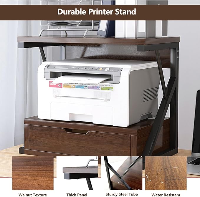 Printer Stand for Desk,2 Tier Desktop Printer Stand,Home Printer Stand with Storage Drawer,Small Printer Table,Desk Organizer Shelf for Top of Desk,Printer Rack for Fax Machine,Scanner-Walnut