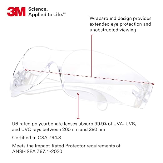 3M Safety Glasses, Virtua, 1 Pair, ANSI Z87, Clear Hard Coat Lens, Clear Frame, Economical Eyewear Protection, Lightweight, Wraparound Coverage, UVA, UVB, UVC