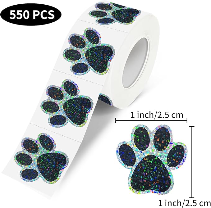 1 Inch Paw Stickers, 550 Pcs Sparkle Black Paw Stickers,Self-Adhesive Holographic Shiny Bear Paw Stickers Roll for Kids Birthday Decor Envelopes Seals Cards Gift Wrap