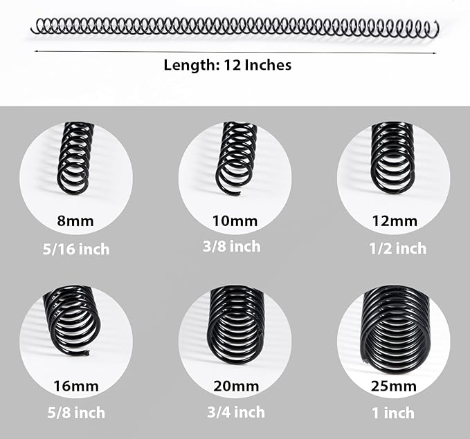 TOTiyea 100 Pack Plastic Spiral Binding Coils, Multi Sizes, 4:1 Pitch, Black, Plastic Binding Spirals (8mm+10mm+12mm+16mm+20mm+25mm, Multi Capacity)