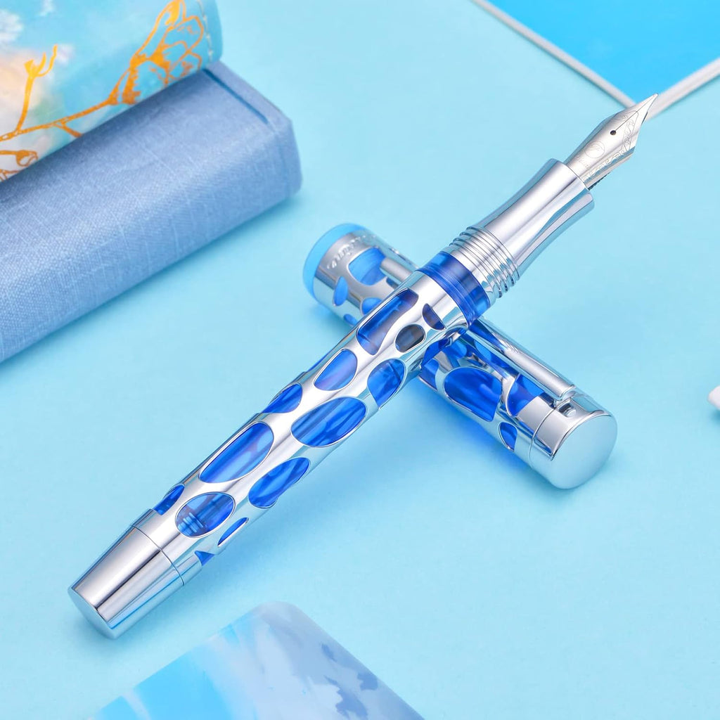 Asvine V169 Vacuum Filling Fountain Pen Extra Fine Nib, Water Drop Skeleton Transparent Blue Acrylic Pen Case Set