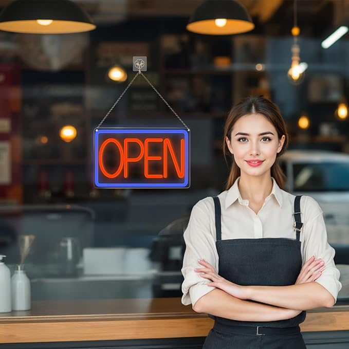 Bright and Eye-Catching LED Open Sign for Business - "16x 10" (red/blue) Transparent Acrylic Neon Sign | Ideal for Storefronts, Windows, Bars | Commercial LED Open Signs, Light-Up Open Signs