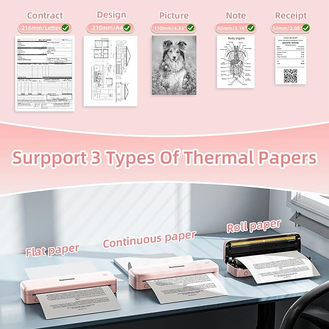 Phomemo M834 (Upgraded) Portable Printer, Wireless Bluetooth Thermal Printer, Support Multi-Size Thermal Paper, Compatible with iOS, Android & PC, Mobile Printer for Travel, Office, School, Pink