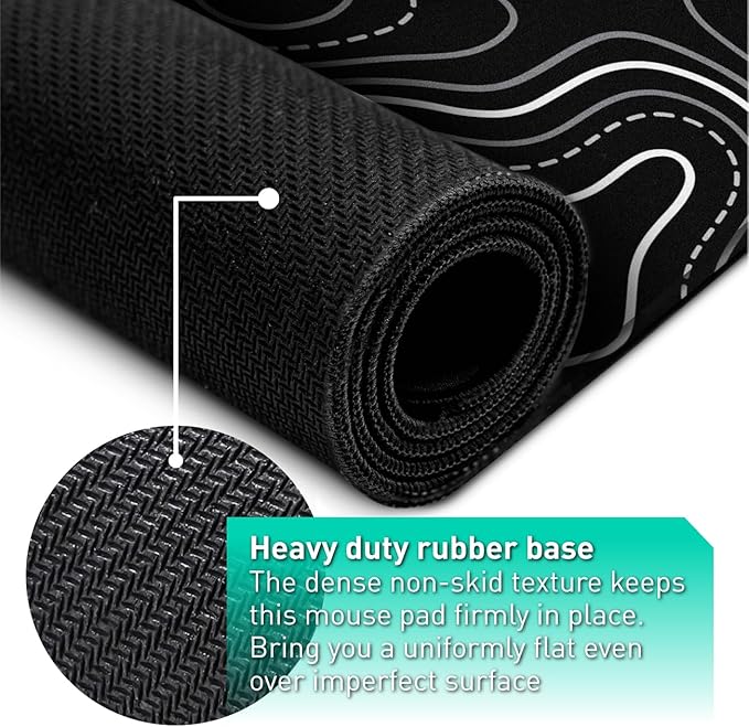 Minimalist Topographic Map Mouse Pad - Contour Extended Large Stitch Edge Mousepad. Black & White Non-Slip XXL Gaming Desk Mat
