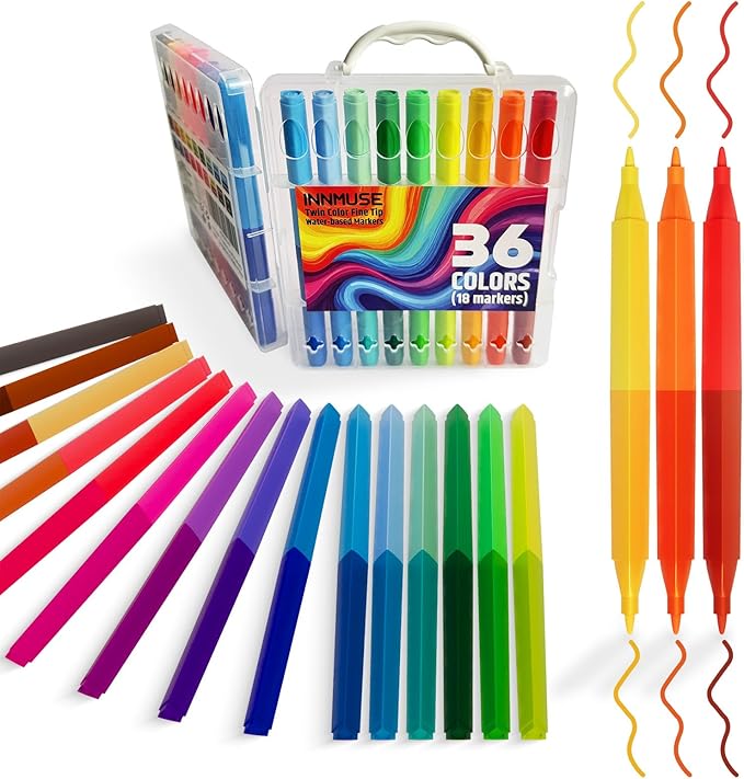 36 Colors Double Sided Washable Mini Markers, Water Based Non-Toxic Thin Marker with Case, Travel Essentials for Kids,Easter Basket Stuffers for Kids, School Supplies, Art Supplies