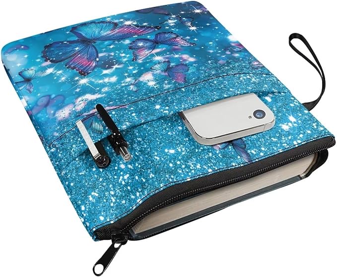 COEQINE Bling Butterfly Book Sleeve for Book Lovers Teens Girls Blue Covers Pouch for Paperbacks with Zipper Front Pocket Chain