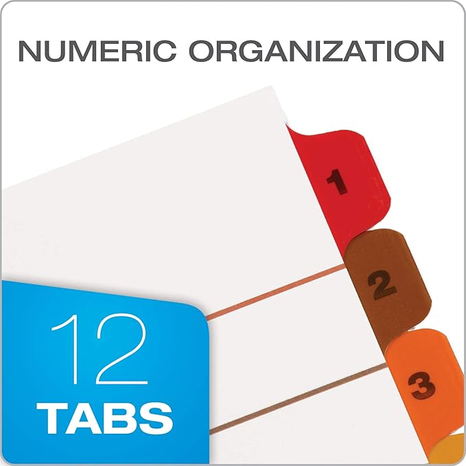Oxford OneStep Binder Dividers, 12 Tab Numeric Divider Sets, Customizable Table of Contents, Works with 3 Ring Binder, Durable Plastic, Reversible Multicolor Tabs, Numbered 1–12, 3 Sets (89403)