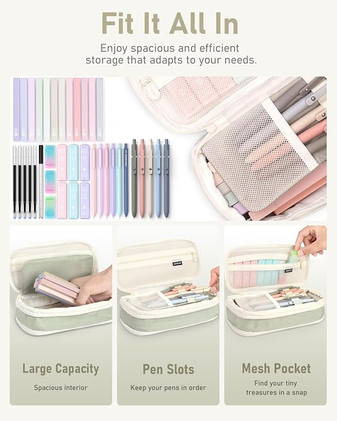 Four Candies 39 PCS Aesthetic School Supplies with Cute Pen Case, 12 Pastel Highlighters, 5 Black Ink Gel Pens, 6 Mechanical Pencils Set 0.5 & 0.7 mm for Students Stationary College Essentials (Green)