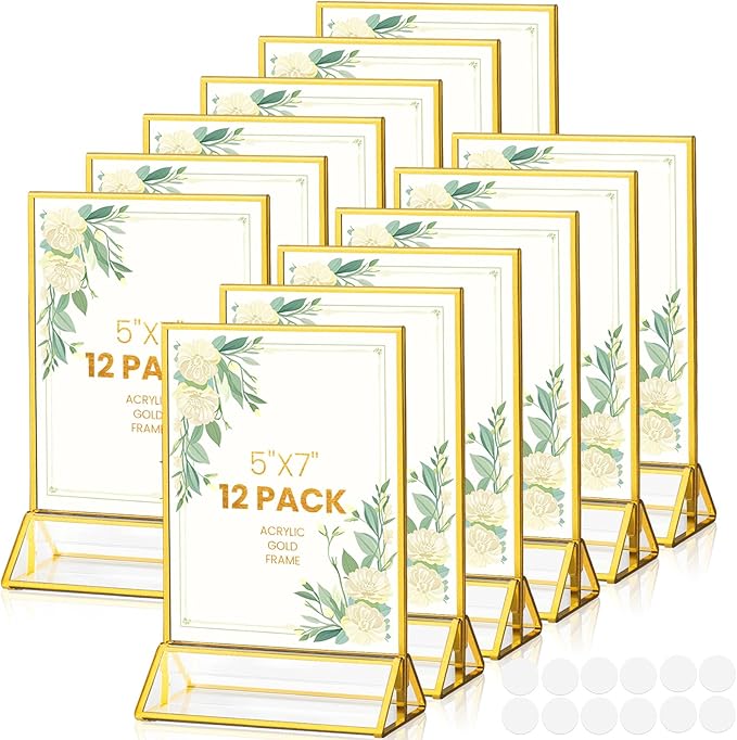 Gold Frames 5X7 Acrylic Sign Holder Double-Sided Tabletop Picture Frames for Menu Holder Wedding Table Number Holder Christmas Photo Frames with Removable Sticky Dots-12 Pack