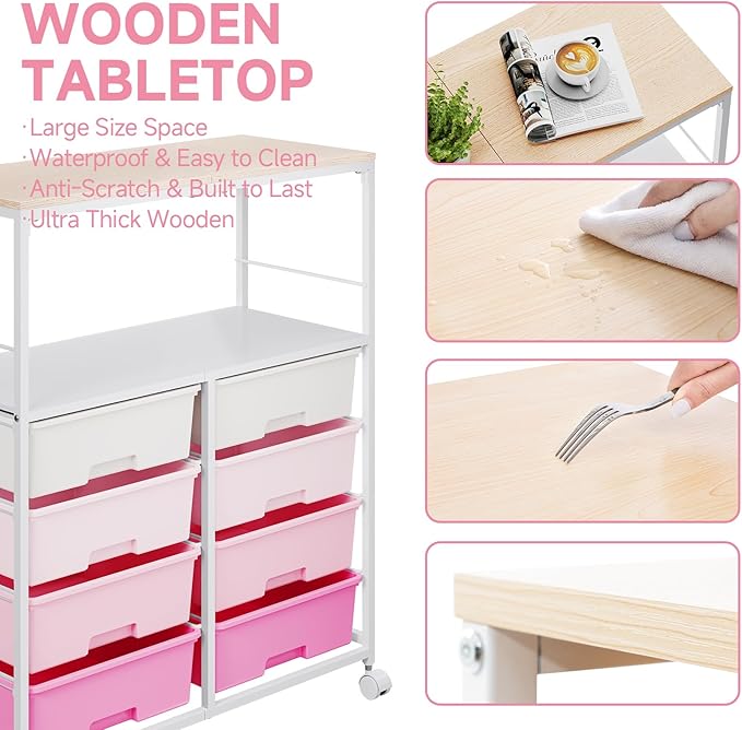8 Drawers Rolling Storage Cart with Wooden Top, Multipurpose Utility Cart with Opening Shelf & Lockable Wheels, Storage Drawer Cart Organizer for Home Office Craft Room Classroom, Pink