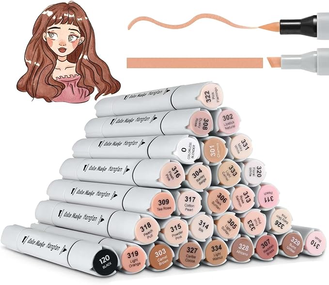 Skin Tone Markers,30 Flesh Colors Alcohol Based Art Markers Pens Set Dual Tips Brush&Broad for Professional Artists Drawing Sketch Illustrations Portrait Comics Anime Coloring