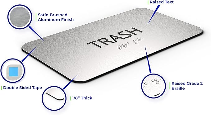 ADA Trash Sign for Business - Office Signs, Aluminum Brushed Silver, Tamper-Proof, Heavy Duty Mounting Tape, Easy Install, Office Décor, ADA Compliant, Grade 2 Braille (7” W x 4” H) ADASigns.org