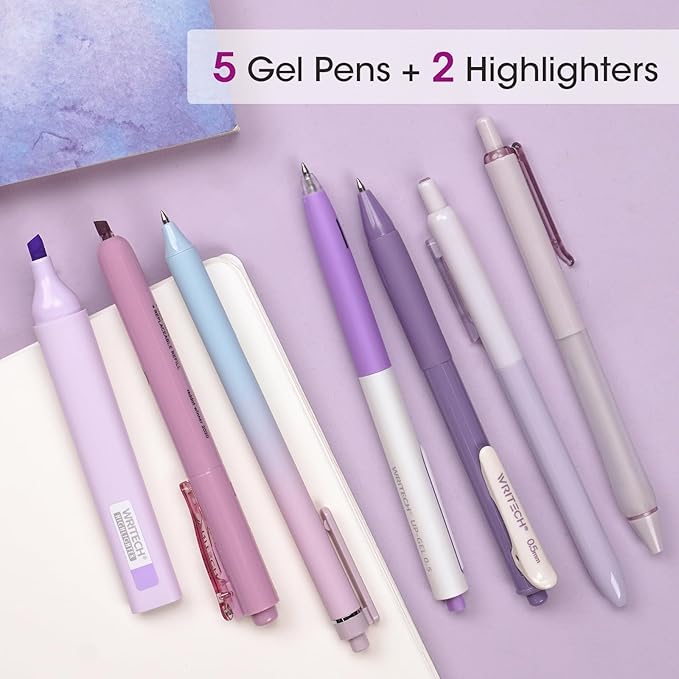 WRITECH Gel Pens Journaling Highlighters: Journal Set Aesthetic Assorted Pastel Color Ink 0.5mm Fine Point Retractable 0.7mm Black Pen Smooth Writing Drawing No Bleed 7ct (Purple)